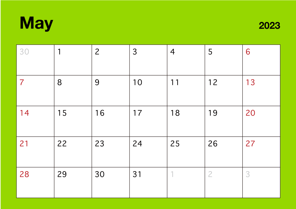 Calendario de color simple de mayo de 2023