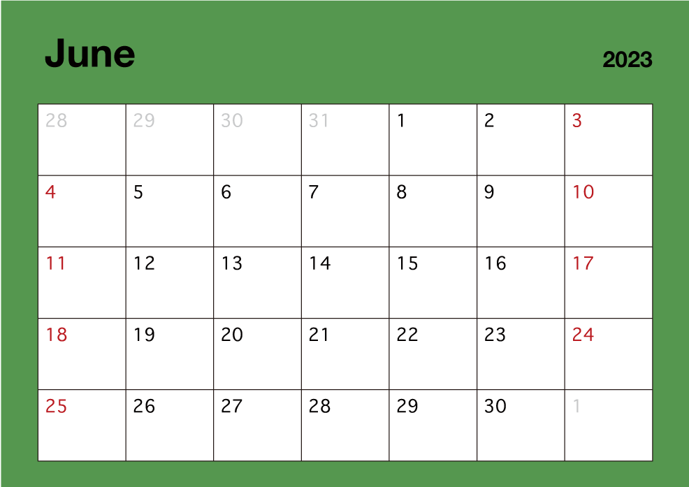 Calendario de color simple de junio de 2023