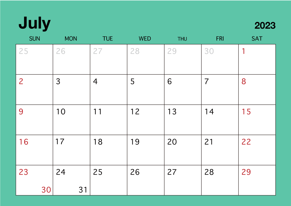 Calendario de color simple de julio de 2023