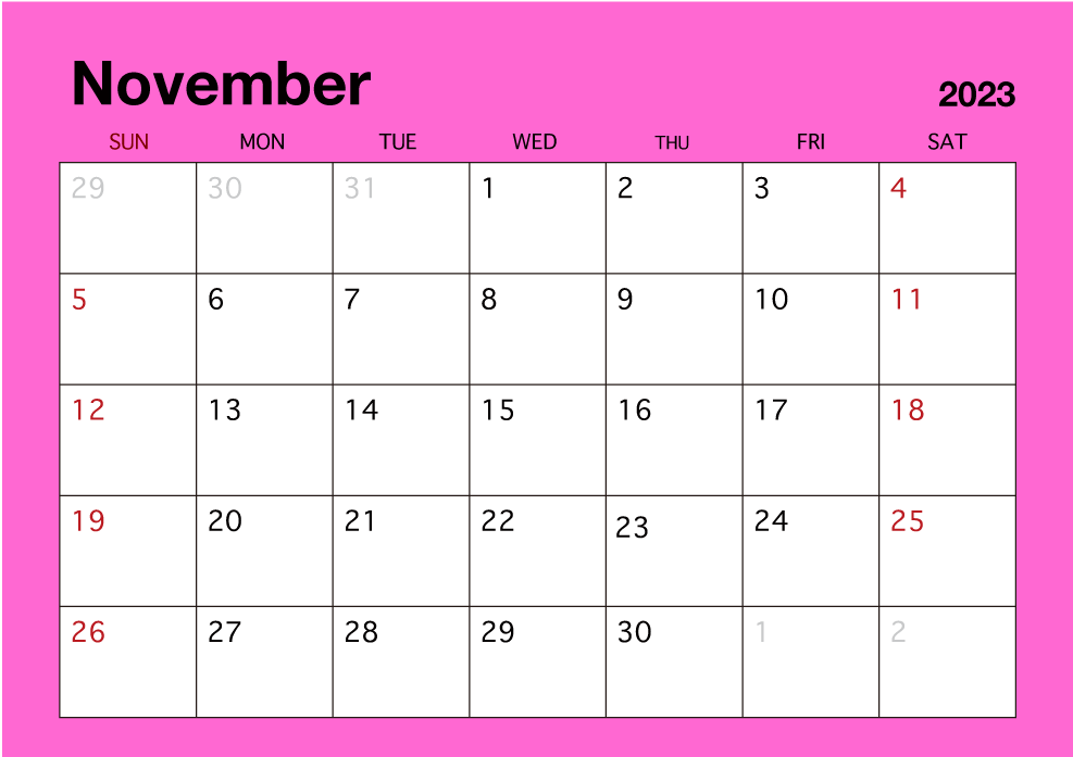 Calendario de color simple de noviembre de 2023