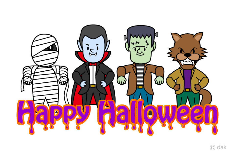 4 monstruos Feliz Halloween Texto Gratis Dibujos Animados Imágene｜Illustoon  ES