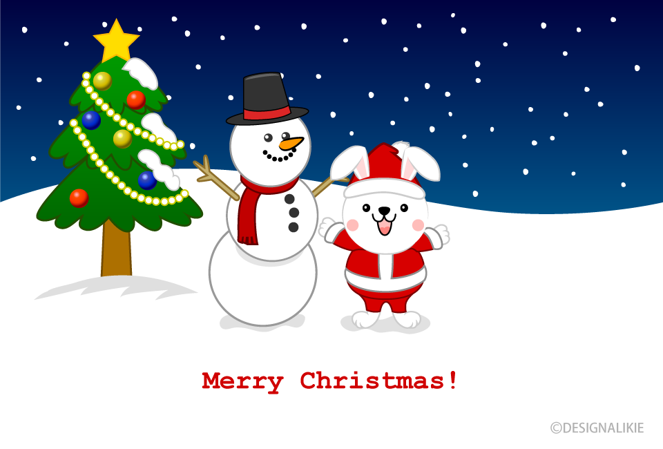 Lindo muñeco de nieve y conejito santa tarjeta de Navidad