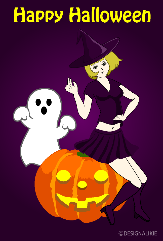 Anime Witch and Ghost Halloween Card