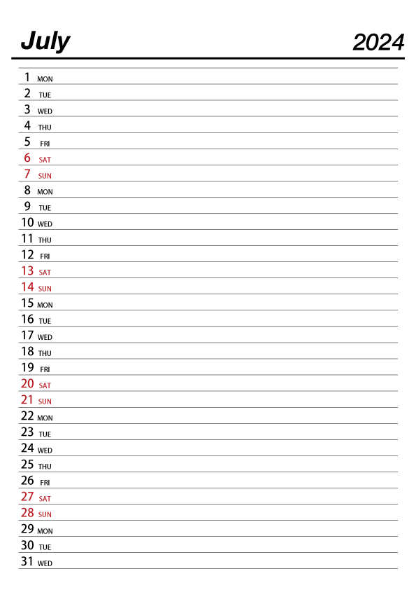 July 2022 Schedule Calendar