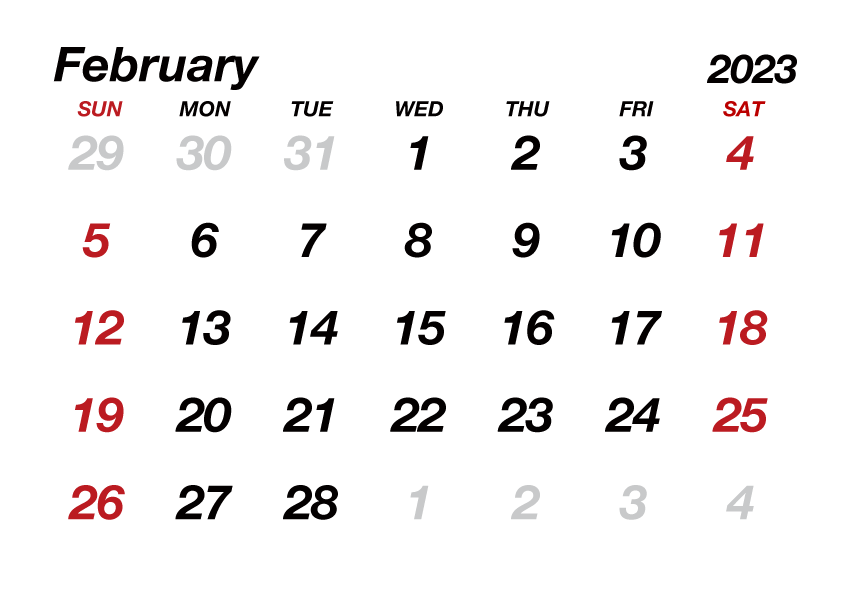 Calendario Febrero 2023 sin Líneas
