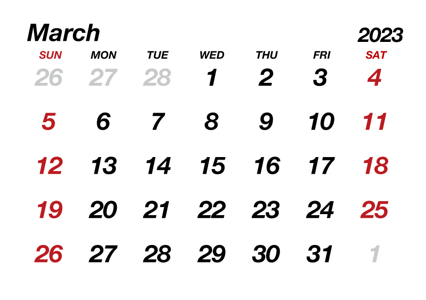 March2023 Calendar without Lines
