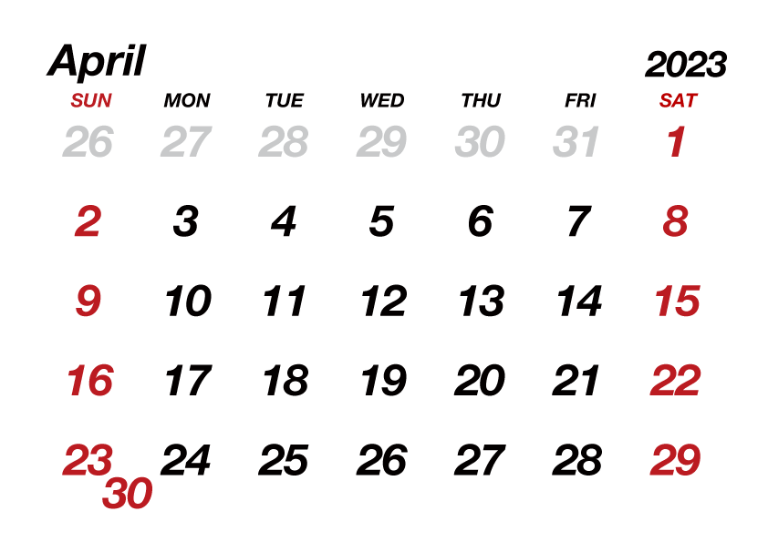 April2023 Calendar without Lines Free PNG Image｜Illustoon
