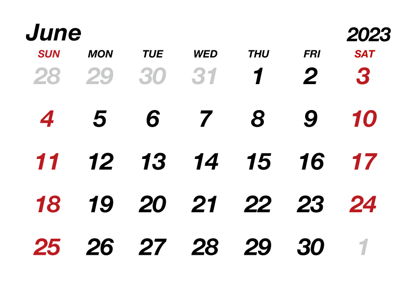 June 2023 Calendar without Lines