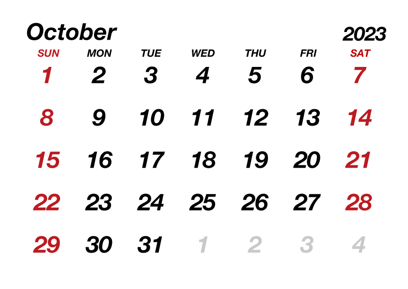 October2023 Calendar without Lines