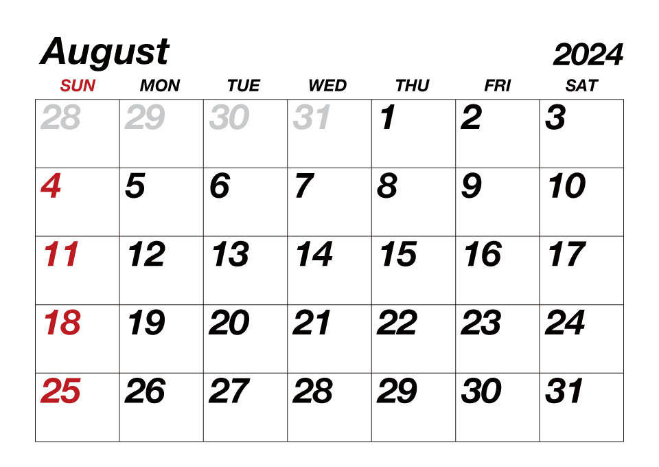 August 2024 Calendar Large Text