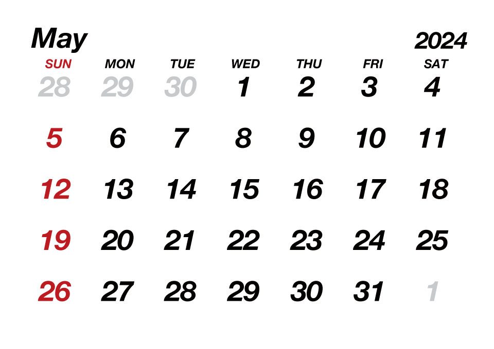 Calendario Mayo 2024 sin líneas
