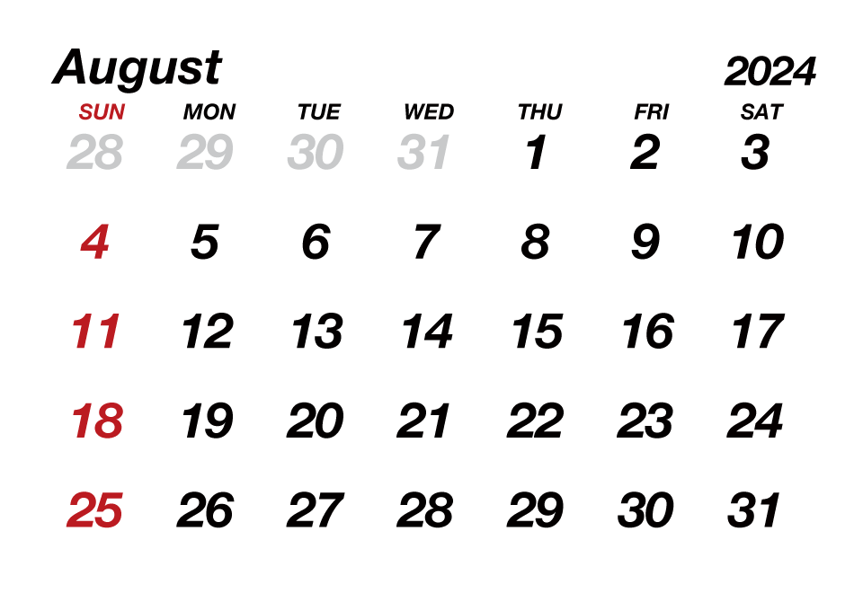 Calendario Agosto 2024 sin líneas