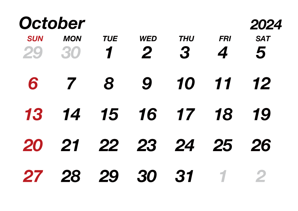 October2024 Calendar without Lines