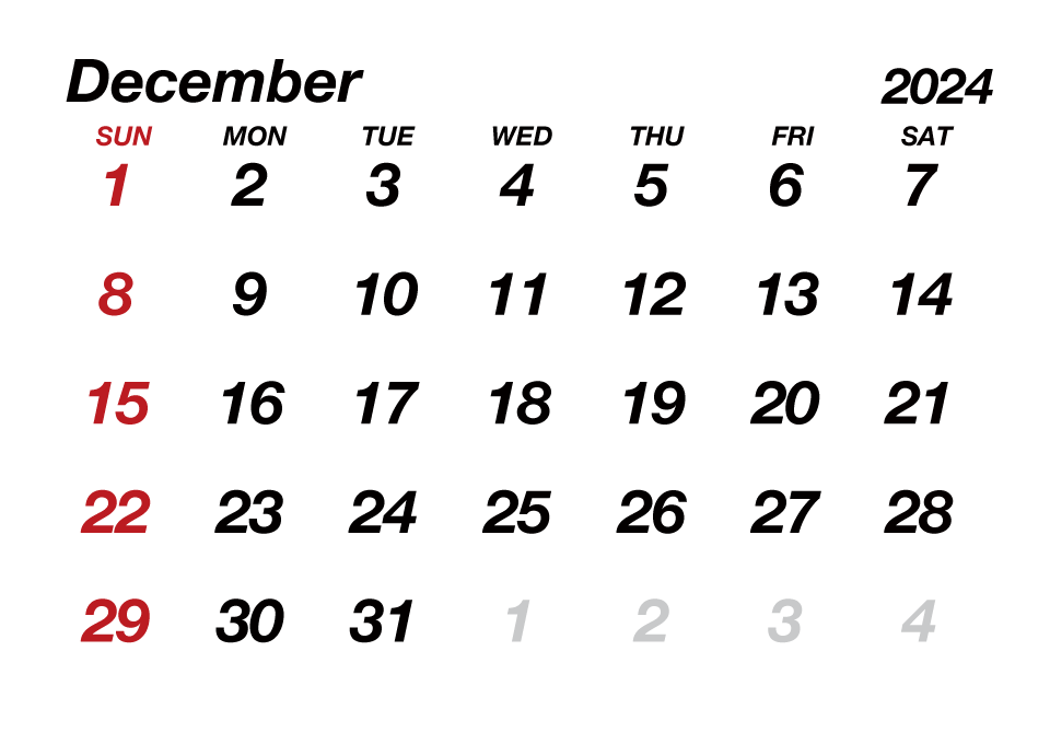 Calendario Diciembre 2024 sin líneas