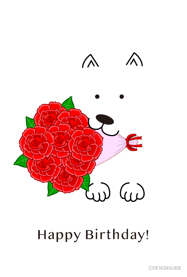 Dog with a bouquet of roses Birthday card