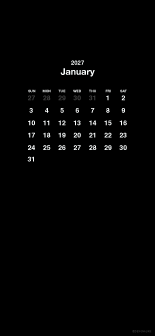 January 2027 Black Calendar Phone Wallpaper