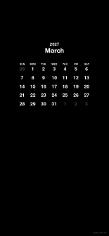 Fondo de pantalla negro para móvil con calendario de marzo de 2027
