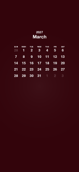 Fondo de pantalla burdeos para móvil con calendario de marzo de 2027