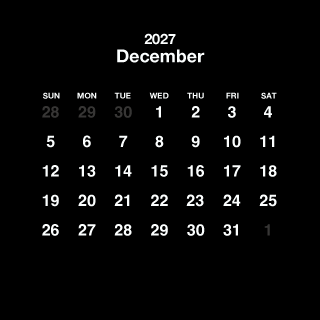 Calendario cuadrado negro de diciembre de 2027