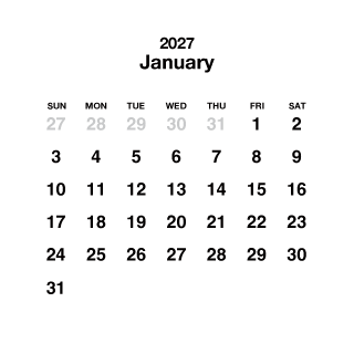 January 2027 White Square Calendar