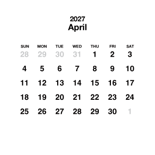 Calendario cuadrado blanco de abril de 2027