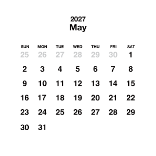 Calendario cuadrado blanco de mayo de 2027