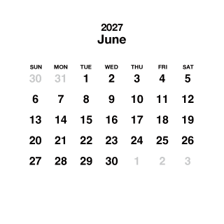 Calendario cuadrado blanco de junio de 2027