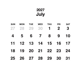 Calendario cuadrado blanco de julio de 2027