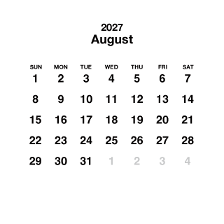 Calendario cuadrado blanco de agosto de 2027
