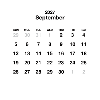 Calendario cuadrado blanco de septiembre de 2027