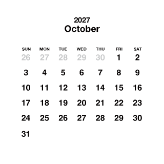 Calendario cuadrado blanco de octubre de 2027