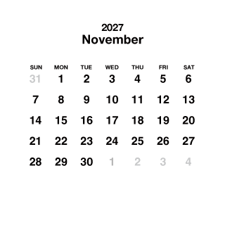 Calendario cuadrado blanco de noviembre de 2027