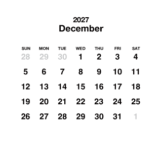 Calendario cuadrado blanco de diciembre de 2027