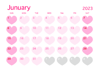 Calendario de corazón rosa de enero de 2023