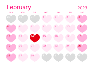 Febrero de 2023 Calendario de corazón rosa