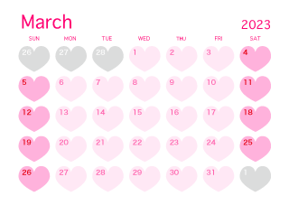 Calendario de corazón rosa de marzo de 2023