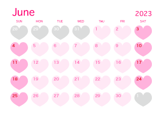 Calendario de corazón rosa de junio de 2023