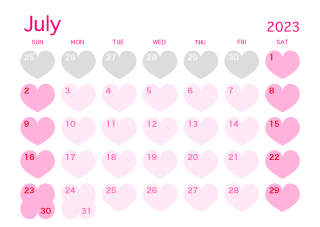 Calendario de corazón rosa de julio de 2023