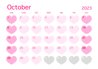 Calendario de corazón rosa de octubre de 2023