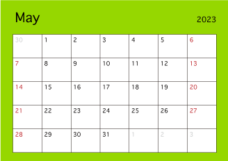Calendario de color simple de mayo de 2023