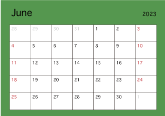Calendario de color simple de junio de 2023