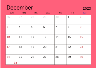 Calendario de color simple de diciembre de 2023