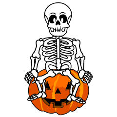 Skeleton Sitting on Pumpkin