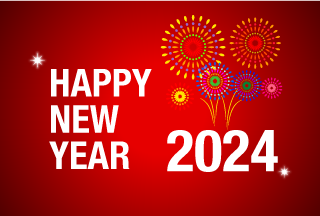 Fuegos artificiales en tarjeta roja de año nuevo 2023