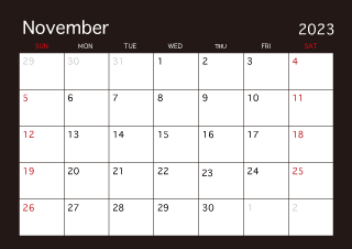 Calendario negro noviembre 2023