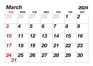 March2024 Calendar Large Text