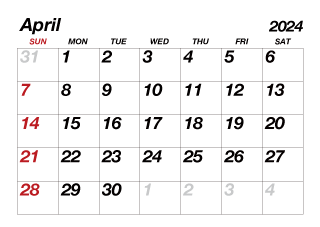 April2024 Calendar Large Text