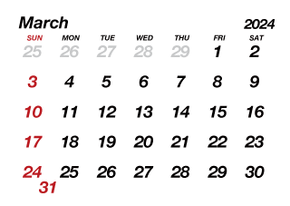 March2024 Calendar without Lines