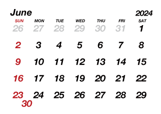 Calendario Junio 2024 sin líneas
